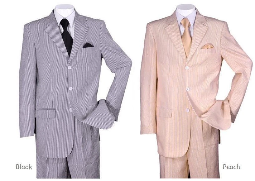 全新 男式 3 纽扣泡泡纱套装(夹克和裤子)黑色桃色蓝色 38R~56L ST802 — 第 2/4 张图片