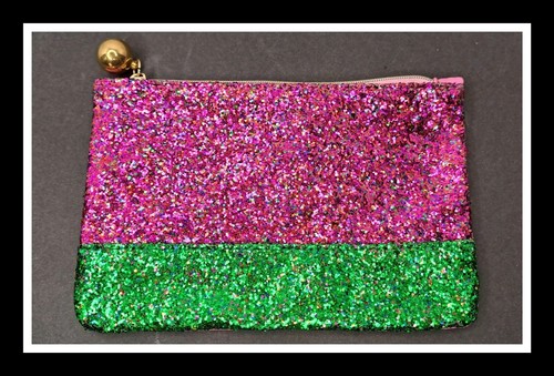Ipsy December 2023 NEWGlam Bag Make Up Bag Pink Green Sparkle Gold Zipper Charm
