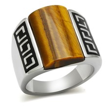 Men's Ring, Smoky Brown Tiger Eye, Stainless Steel, Statement, Geometric Pattern