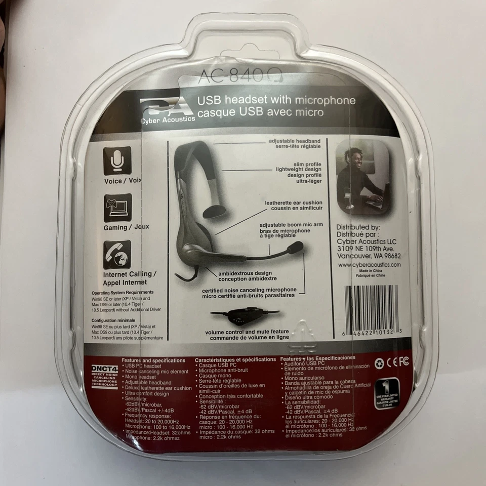 NEW Cyber Acoustics AC-840 Black/Gray USB Headset w Microphone - Gaming - Image 2 of 2