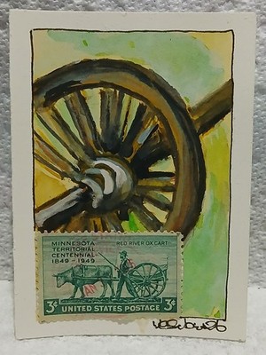 Postal Whimsy Ox Cart Wheel ACEO   OOAK Watercolor Scribble, 3¢ Minnesota Centen