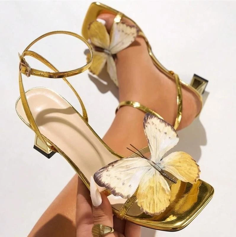 Mujer Dorado Cuero PU Mariposa Punta Abierta Medio 6.5cm Tacón Zapatos Sandalias Moda Foto 2 de 4