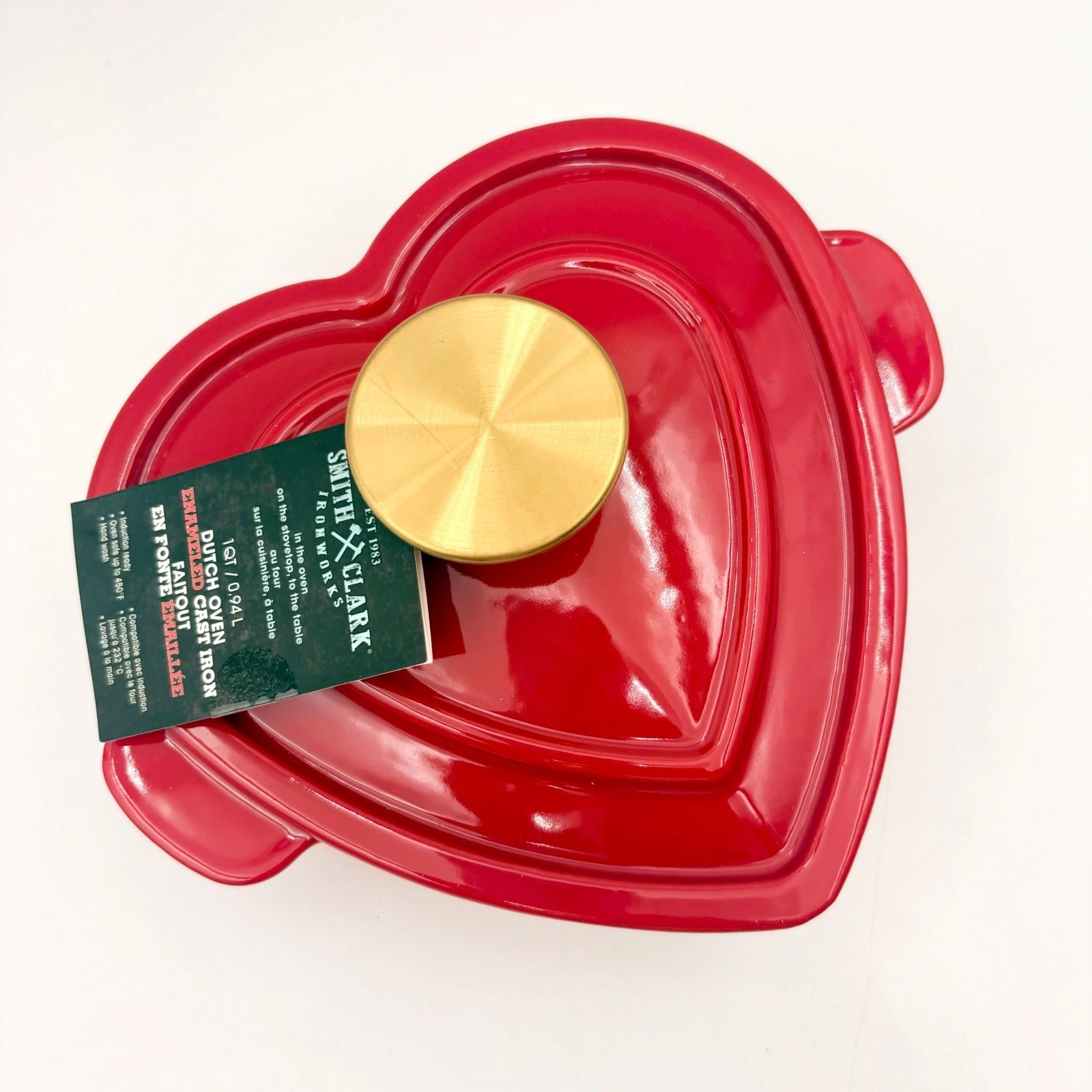Smith & Clark Red Heart Enameled Cast Iron 1QT Dutch Oven Cocotte Gold Knob NEW
Opens in a new windo