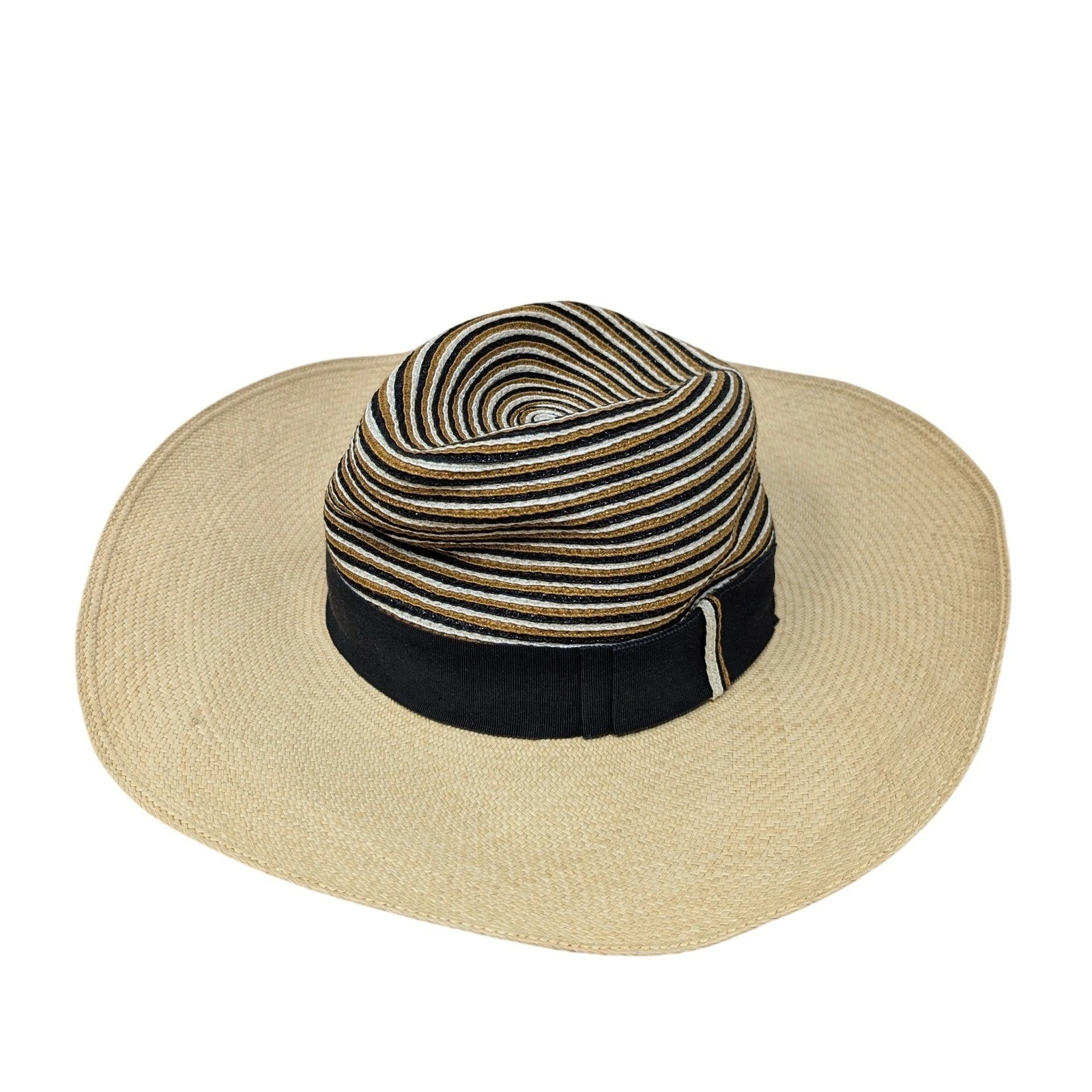Kokin New York Wide Brim Straw Sun Hat Striped Crown Beach Vacation Euro Travel