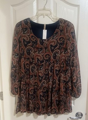 New Women's Final Touch Paisley-PrintChiffon BabydollBohemian Blouse Small.
