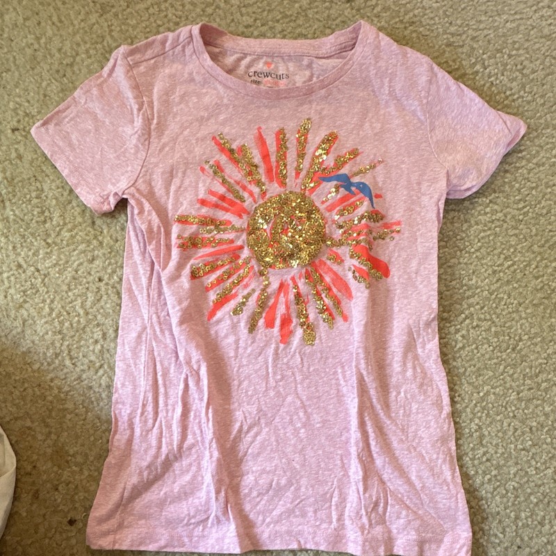 Crewcuts Girls Pink Sequin Sun Graphic Crew Neck Short Sleeve T-Shirt XL 12-14
