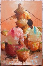 grand tableau vietnamien ou philippin: scène de marché