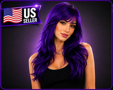 Long Purple Wig for Women Layered Wavy Hair with Side Bangs Cosplay Party