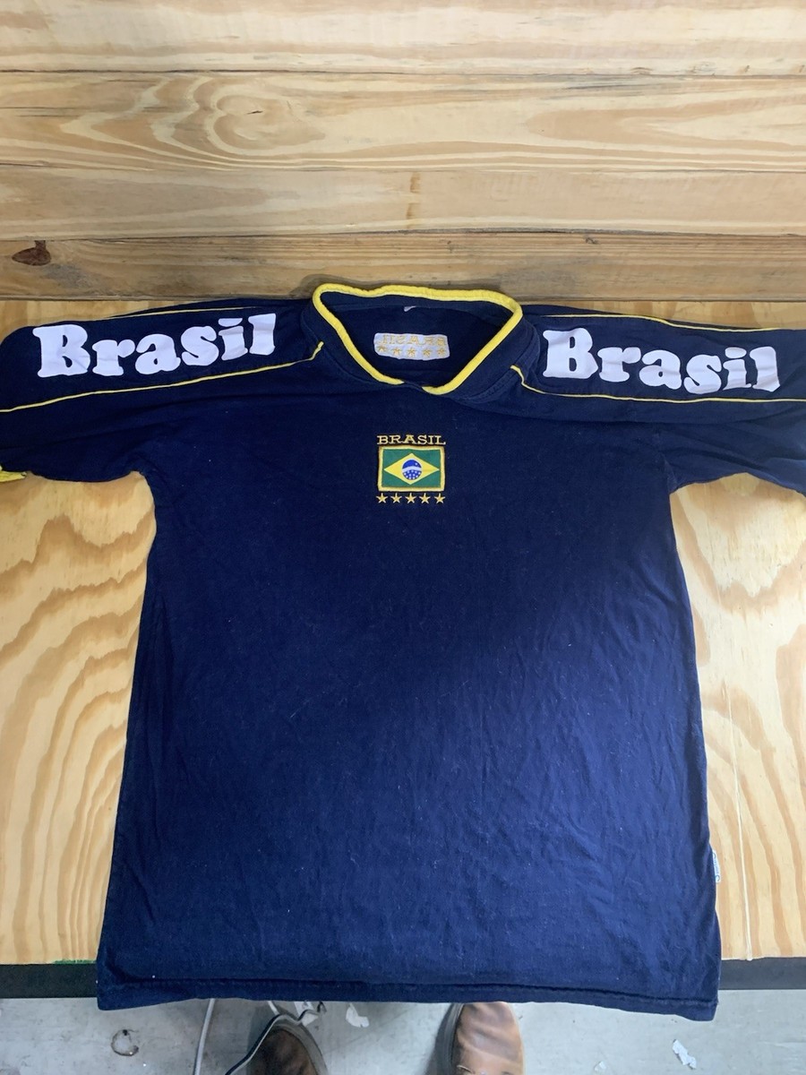 Vintage Rare Brazil Soccer Jersey Tee Navy Yellow Sporee Rio de