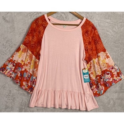 Pioneer Woman Shirt Boho Top Medium Ruffle Flare Sleeve Tunic Pink Red New Bell