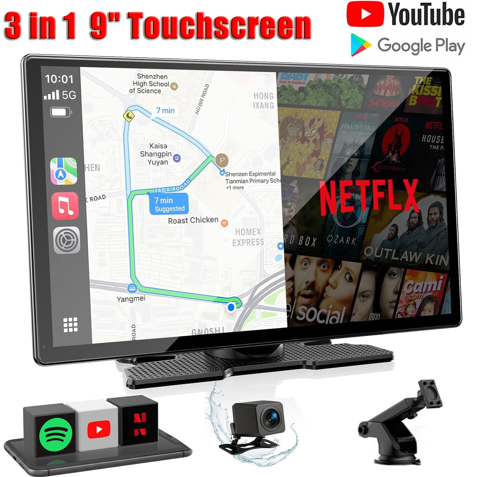 9''Carplay Screen for Car with YouTube/Net-Flix 3-in-1 Wireless Apple CarPlay