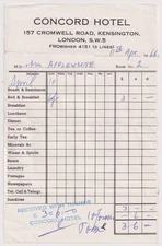 1966 Concord Hotel Receipt London Kensington Vintage Bed & Breakfast Ephemera
