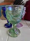 Iridescent VTG Madonna Inn Carnival Glass Goblet Green Pressed Glass Footed Cups