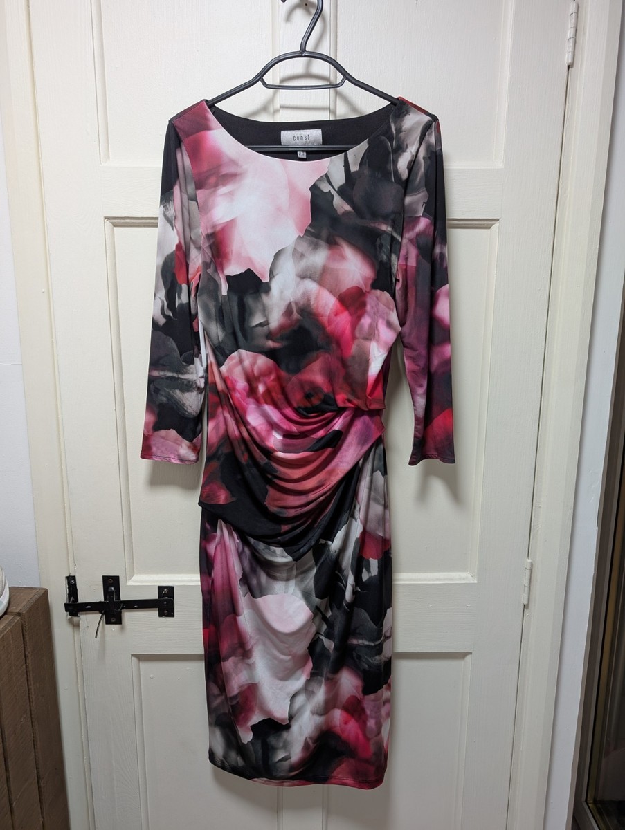 Womens coast Black and Pink Floral 3/4 Sleeve Bodycon Dress UK 10