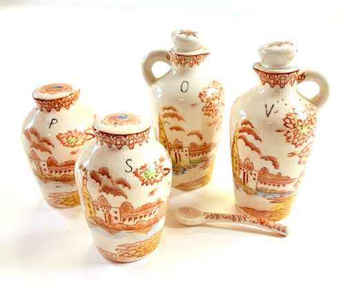 VTG Salt & Pepper, Oil & Vinegar Cruet Bottles With Stirring Spoon Japan