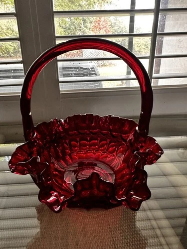Fenton Ruby Red 8" Basket w/ Thumbprint Pattern Ruffled Collar & Crimped Handle
