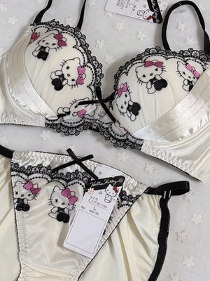 Sanrio HELLO KITTY Japanese Authentic Satin Embroidery Wireless Bra Panty Set