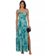 Adrianna Papell Chiffon Gown Dress 8 Blue Floral Ruffle High Slit NWT 199