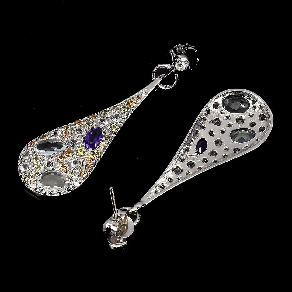 Orecchini In Argento Sterling 925 Ovali Con Acquamarina Zaffiro E Ametista - Immagine 3 di 4