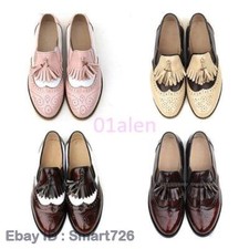 Womens Retro Slip on Brogue Flat Oxfords Wing Tip Leather SHoes Tassel Pump Hot