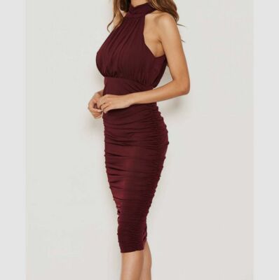 $90 AX Paris Women's Red Sleeveless High Neck Ruched Bodycon Dress Size 4