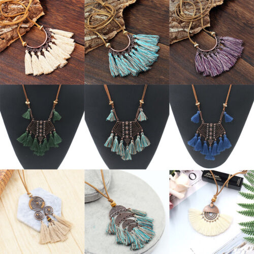 Boho Geometry Tassel Fringe Pendant Necklace Women Sweater Chain Jewelry Gift - Picture 1 of 72