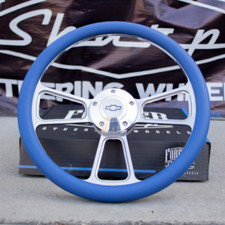 14 Billet Steering Wheel For Chevy - Blue Wrap And Chevy Horn Button 14 Billet Steering Wheel For Chevy - Blue Wrap And Chevy Horn Button