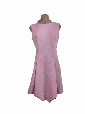 Vintage 70s Leslie Fay Knit Dress M/L Ribbed Sheath Mock Neck Bubblegum Pink