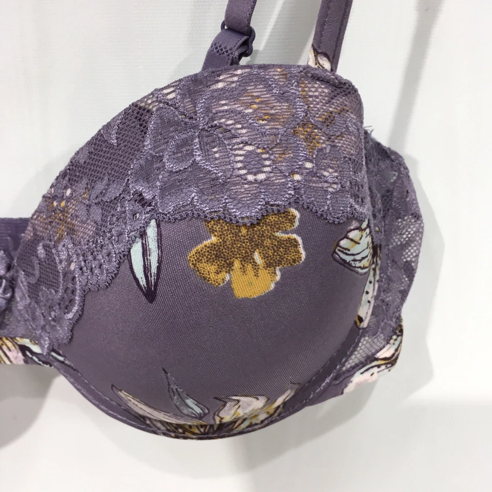 Sujetador Jaclyn Smith 34C púrpura estampado floral con aros push up encaje ribete mujer Foto 3 de 4