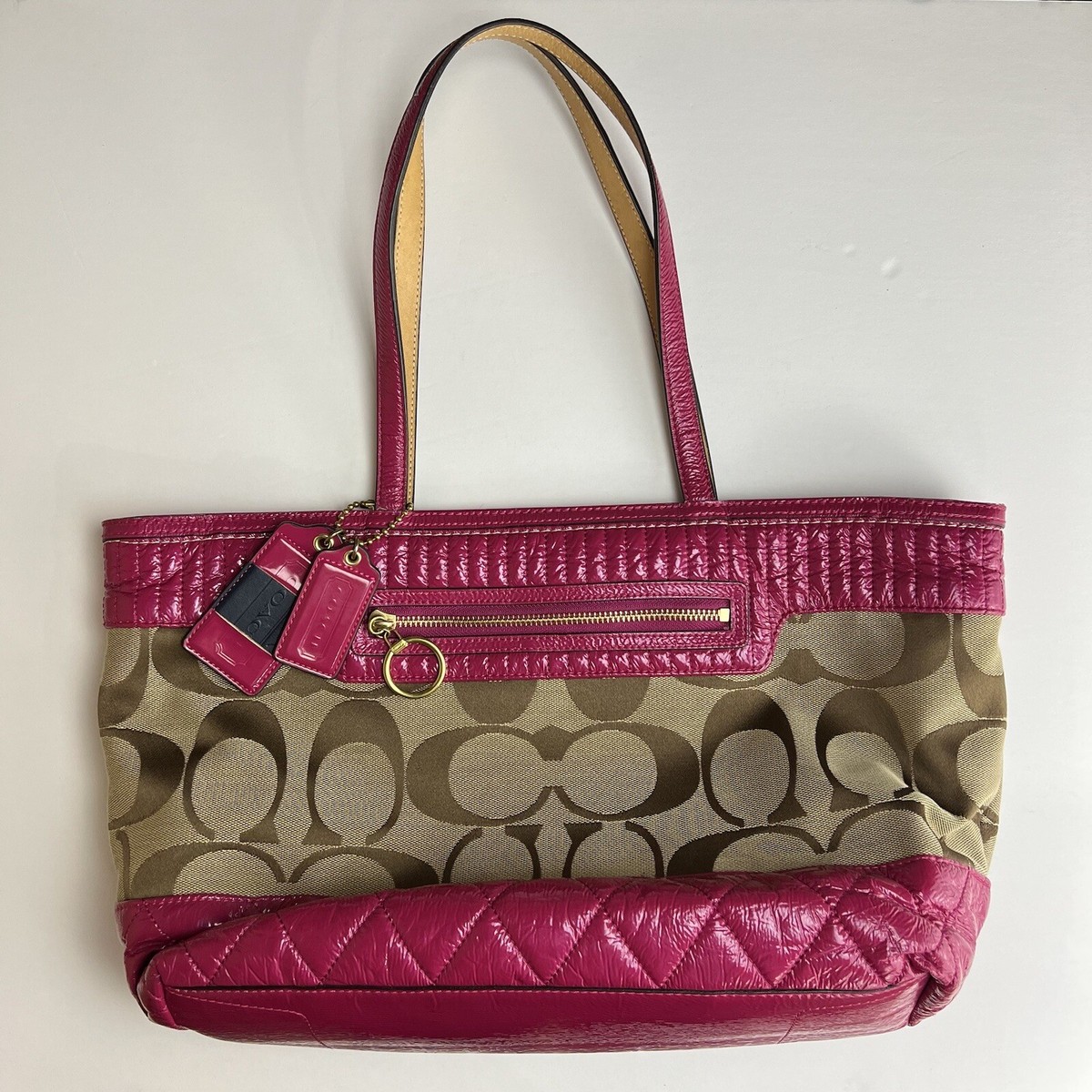 Coach 18676 Signature Poppy Quilted Khaki And Magenta Pink Tote