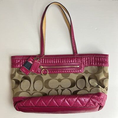 y Coach 18676 Signature Poppy Quilted Khaki And Magenta Pink Tote