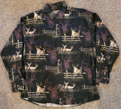 Woods & Water Shirt Adult XL Button Down All Over Deer Buck Pattern 100% Cotton