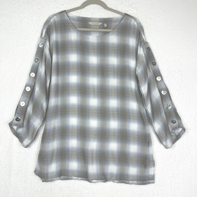 Soft Surroundings Kingsley Plaid Long Sleeve Oversized Tunic Sz Small Brown Grey