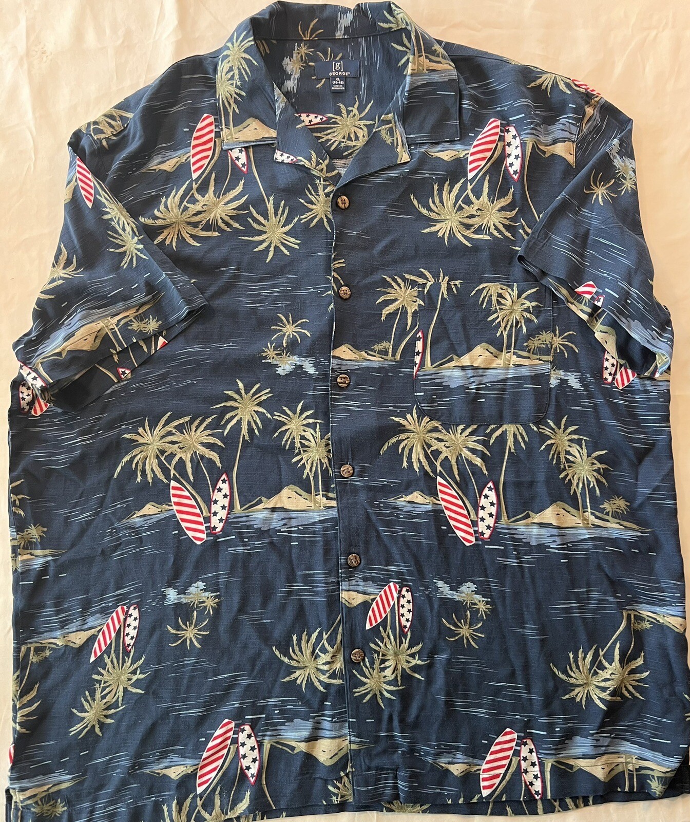 George Men Button Shirt XL Navy Palm Trees Beach Surf Hawaiian Short Sleeve