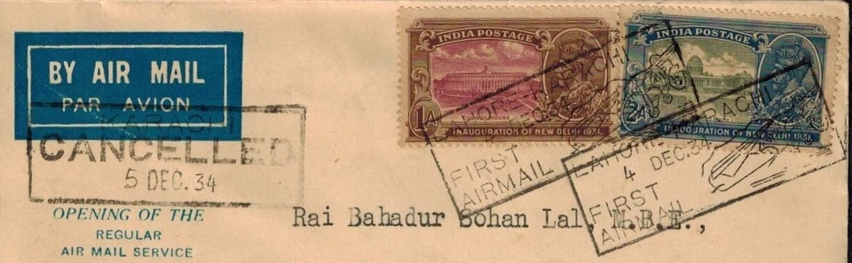 Pakistan 1934 Airmail Cover Sent By Ground w/FFC & Karachi Backstamp RARE! - Image 2 of 3