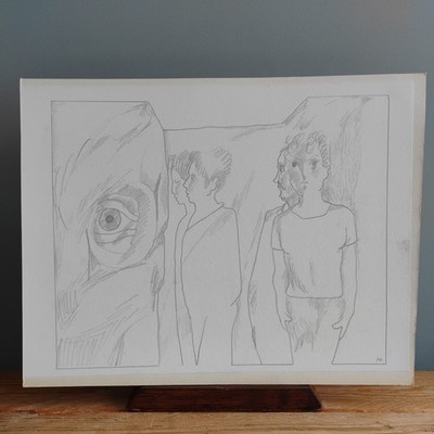 Orig Bleistift Portrait männliches Männer Auge FK Owen minimale Linienzeichnung surreale Figuren