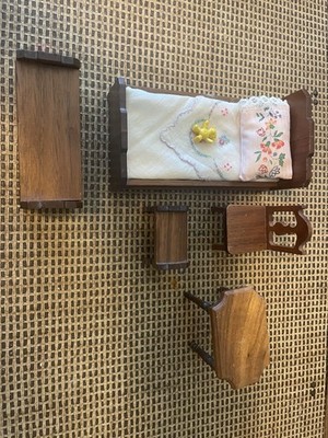 Strombecker Doll House Furniture Genuine Walnut Bed, Table, Chair, Stool, Chest