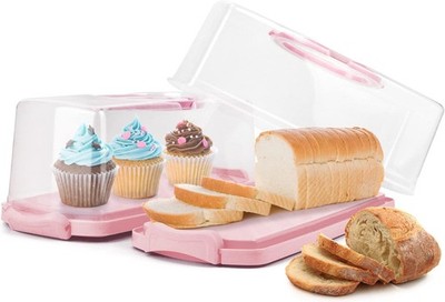 2-Pack Plastic Rectangular Bread Box with Clear Lid, Loaf Cake Keeper, Portable