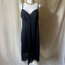 Vintage Black Lace Trim Slip Nightgown Nylon Dress Women's M/L