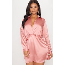 PrettyLittleThing Rose Pink Long Sleeve Twist Front Surplice Mini Dress Size 6