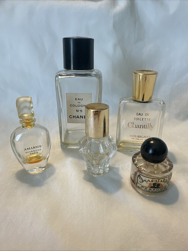 Avon, Chanel,Givenchy,Chantilly-Vintage Miniature Empty Perfume Bottles-lot Of 5