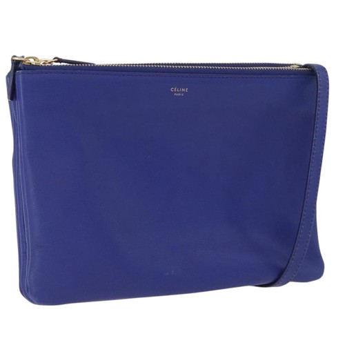 CELINE Trio Large Shoulder Bag Leather Blue Gold Auth ki6538