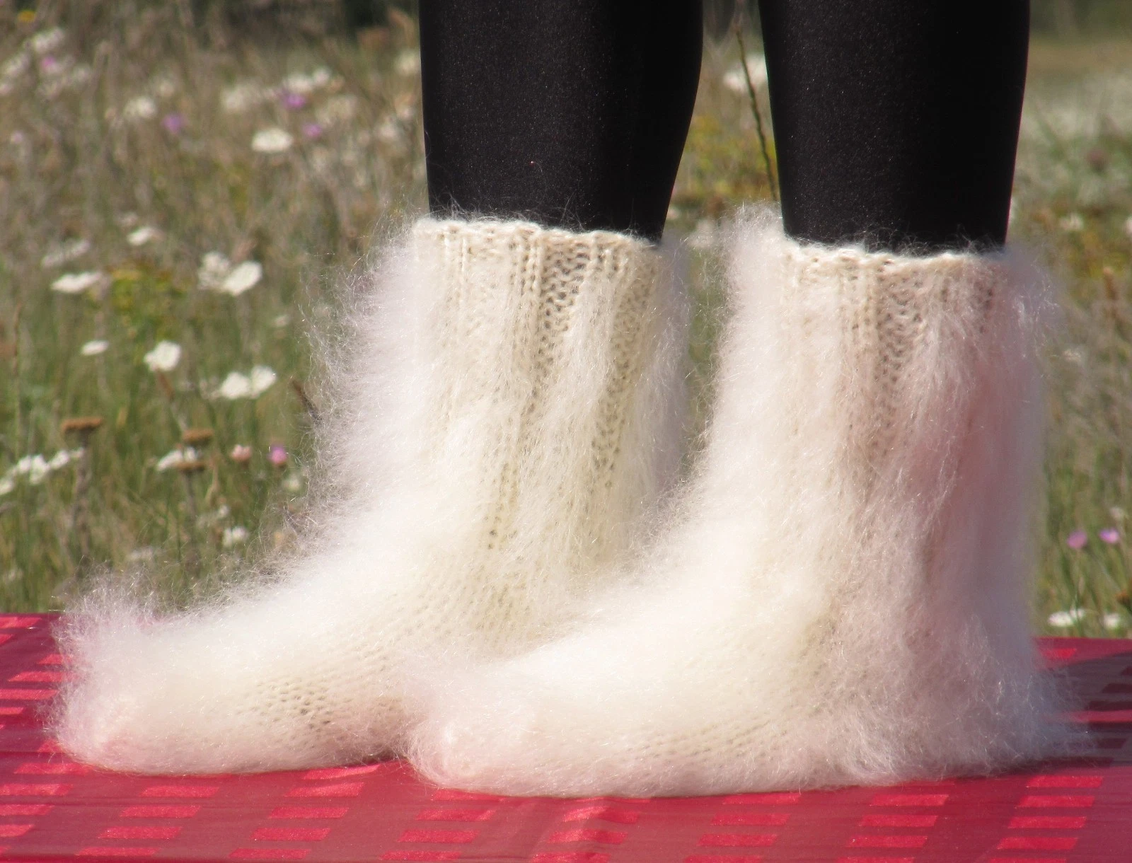 MOHAIR Cream Ivory Thick socks fuzzy hand knitted fluffy leg warmers № 2220