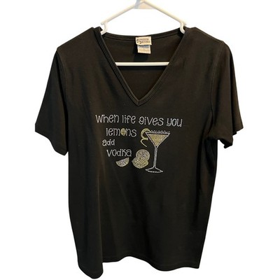 Exquisite Designs Womens Black Vodka Martini Rhinestone V-Neck T-Shirt Large