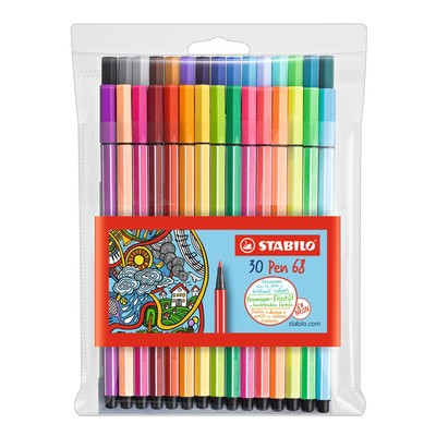 Premium Fibre-Tip Pen - STABILO Pen 68 - Pack of 30 - Assorted Colours including