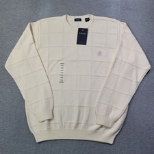 Izod Sweater Mens Large Ivory Knit Windowpane Crest Logo Preppy Casual NWT