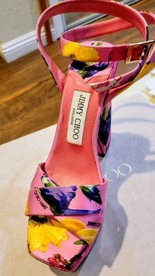 Jimmy Choo Pink Floral Platform Ankle Strap Open Toe Block Heel EU 36