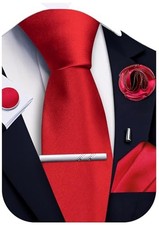 Solid Color Ties for Men Silk Satin Necktie and Pocket Square Cufflinks Tie Red