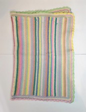 Crochet Baby Blanket Stroller Nursery Afghan 31x43 Rainbow Pastel Stripe Vintage
