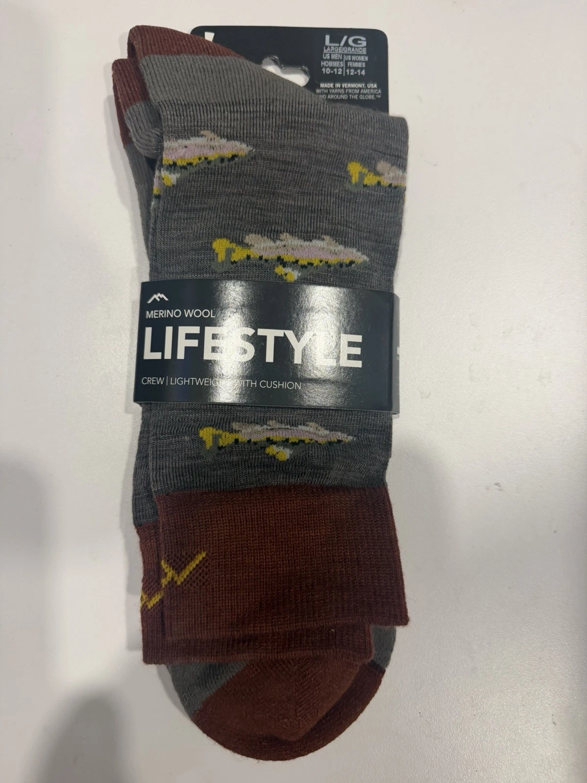 DARN TOUGH Lifestyle Fish Socks Crew Lightweight Merino Wool Men SZ Large